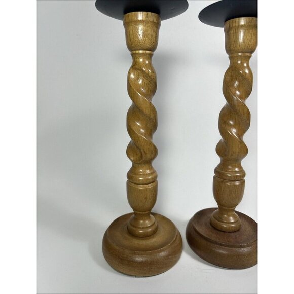 Pair Of Hand Crafted Wood Twist Candle Holders - Picture 3 of 8